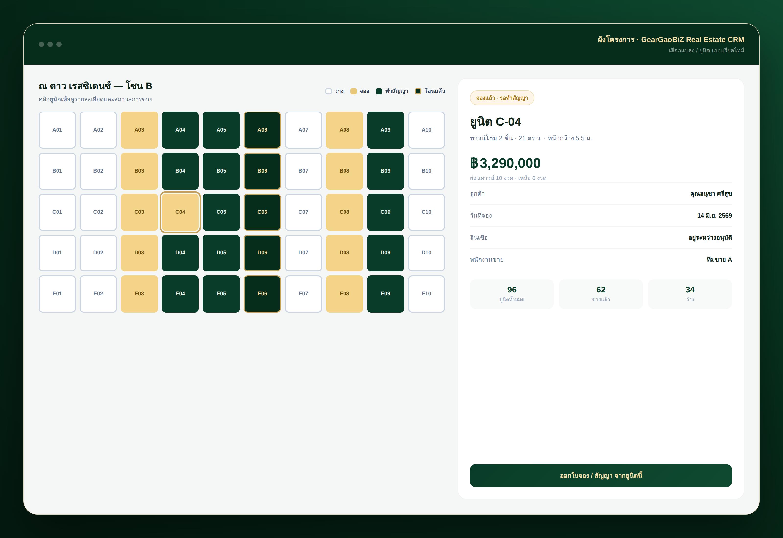 ตัวอย่างแนวคิดผังโครงการและการเลือกแปลง/ยูนิตในระบบ CRM
